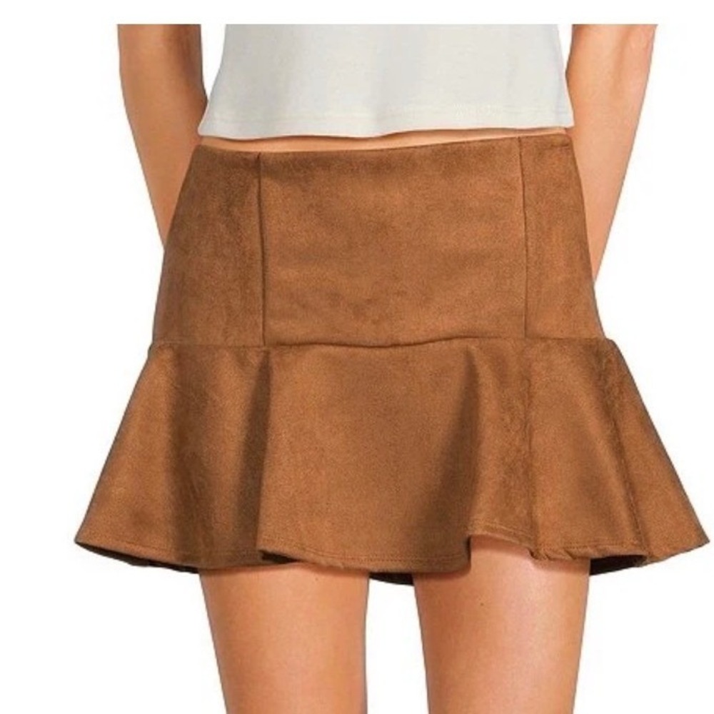 Originality Skort Faux Suede Ruffle Mini Skirt Boho Western Womens XL Brown
